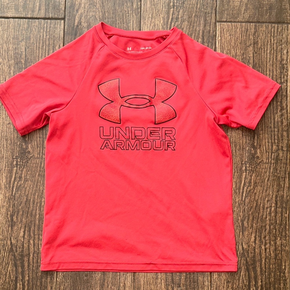 Under Armour Boys Red Athletic T-Shirt Logo Tee Youth Small Active Top